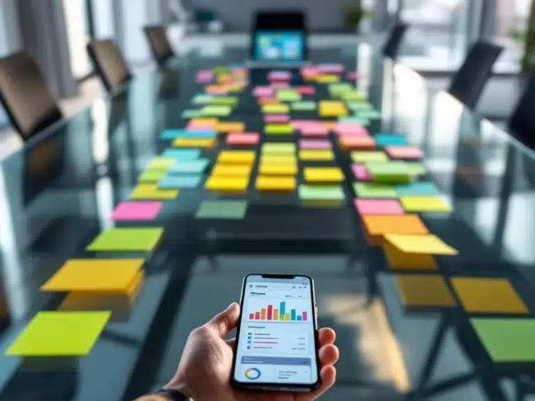 Moderner Konferenztisch mit bunten Haftnotizen in Sprint-Spalten, Laptops mit Kanban-Boards und Smartphone mit Dashboard