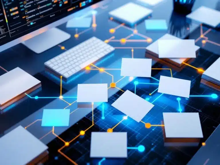 Moderner Schreibtisch mit agilen Projektmanagement-Karten in Spalten, verbunden durch blaue und orange Linien auf Glasoberfläche