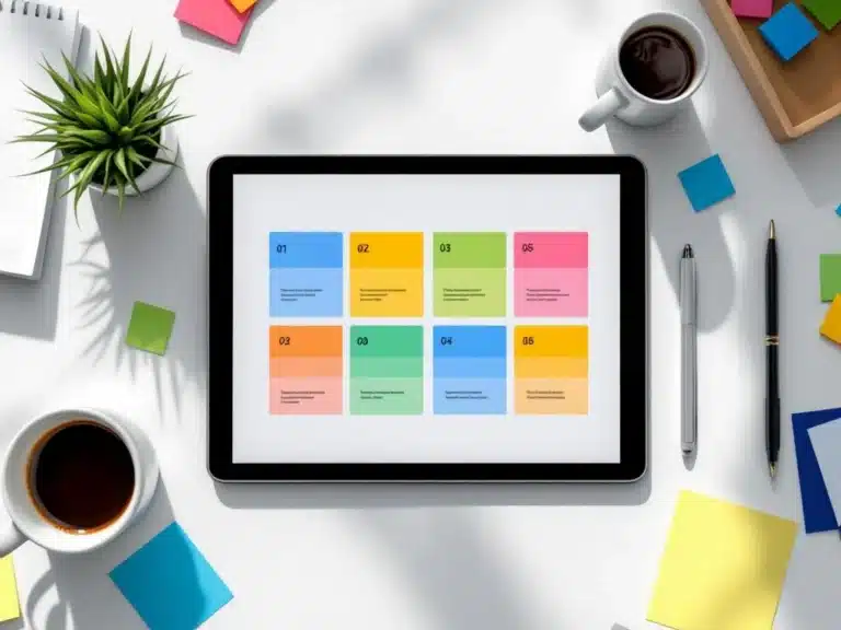 Digitales Tablet mit bunter Prioritätsmatrix auf modernem Schreibtisch, umgeben von Kaffeetasse, Stift und Pflanze
