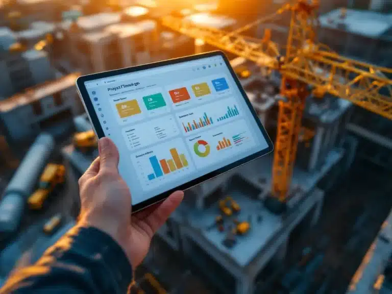 Tablet mit Projektmanagement-Software vor moderner Baustelle mit Stahlgerüst und gelben Baumaschinen bei Sonnenuntergang