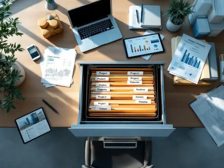 Moderner Büroschreibtisch mit offenem Aktenschrank, organisierten Projektordnern, Bauplänen und digitalem Tablet