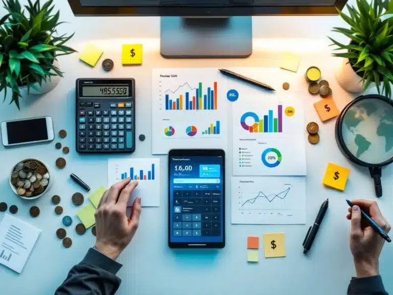 Moderner Schreibtisch mit Finanzdiagrammen, Taschenrechner, Tablet-Dashboard und Projektdokumenten in Draufsicht