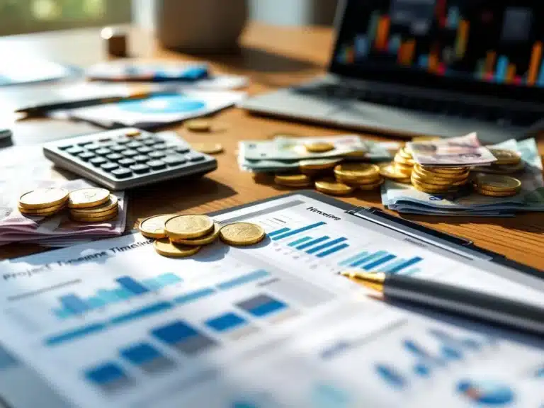 Schreibtisch mit Laptop, Tablet, Taschenrechner und Finanzunterlagen für Budgetplanung und Projektmanagement