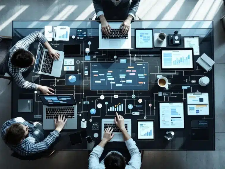 Moderner Konferenztisch mit Laptops und Tablets zeigt IT-Projektmanagement-Tools wie Kanban-Boards und Gantt-Diagramme