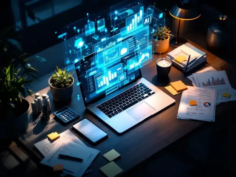 Moderner Büroschreibtisch mit Laptop zeigt KI-Neuronalnetzwerk und holografische Projektdiagramme neben traditionellen Tools