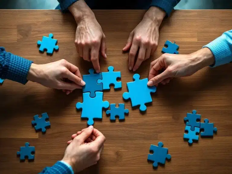 Luftaufnahme eines modernen Konferenztisches mit blauen und grauen Puzzleteilen, die Konfliktlösung symbolisieren