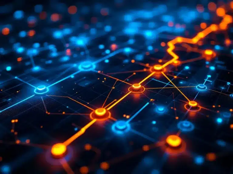 Netzwerkdiagramm mit leuchtend orangem kritischen Pfad und blauen Verbindungsrouten auf dunkler digitaler Oberfläche