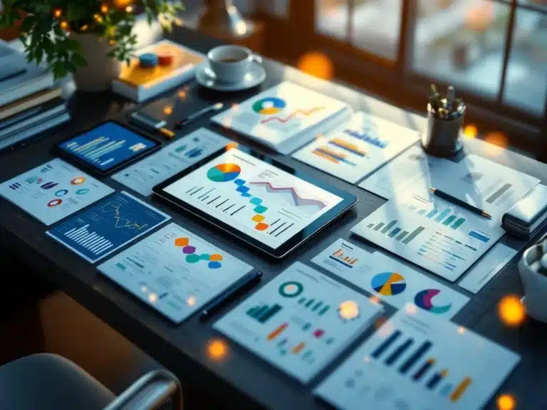 Luftaufnahme eines Schreibtisches mit organisierten Projektordnern, Tablets mit Dashboards und Diagrammen in blau-silbernem Design