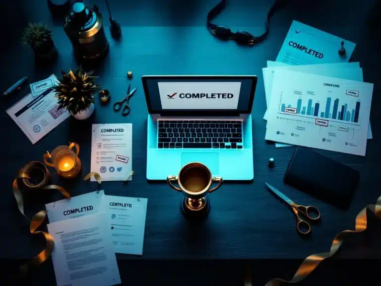 Goldene Trophäe auf modernem Bürotisch mit abgeschlossenen Projektdokumenten, Laptop und Zeitplan von oben fotografiert
