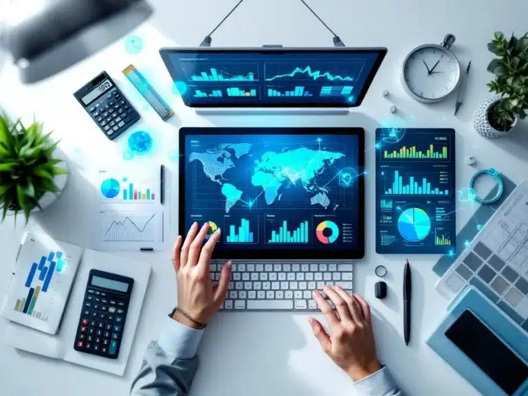 Moderner Büroschreibtisch mit digitalen Tablets, die KPI-Dashboards und Datenvisualisierungen in einer sauberen Arbeitsumgebung zeigen.