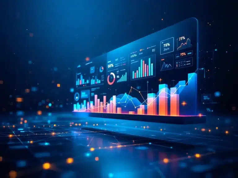 Digitales Dashboard mit leuchtenden KPI-Diagrammen und Datenvisualisierungen in Blau und Orange im Weltraum