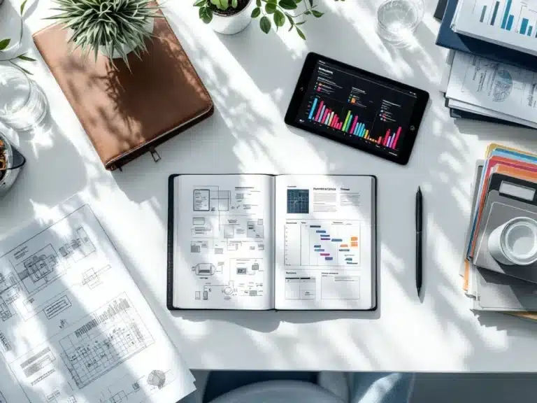 Organisierter Schreibtisch mit Projektdokumentation: Notizbuch, technische Zeichnungen, Tablet und Ordner für Softwareentwicklung