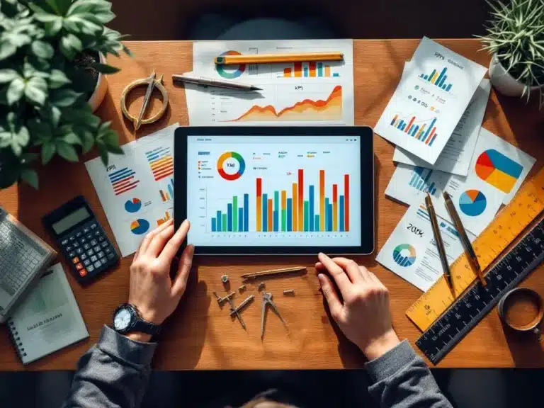 Moderner Holzschreibtisch mit Tablet, KPI-Berichten, Taschenrechner und Messwerkzeugen für Projekterfolg-Tracking