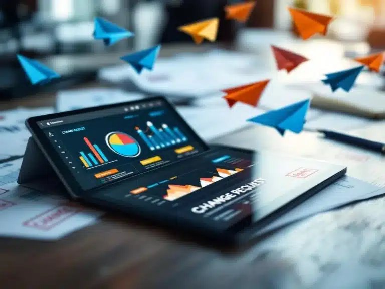 Moderner Büroschreibtisch mit Projektdokumenten und Tablet mit Projektmanagement-Dashboard, bunte Papierflieger symbolisieren Änderungen