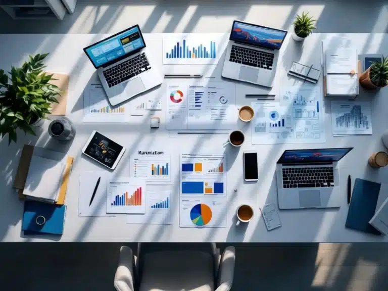 Moderner Büroarbeitsplatz von oben mit offenen Laptops, Projektdokumenten, Tablets und Workflow-Diagrammen in professionellem Design