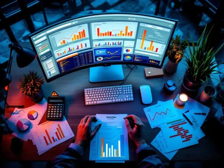 Moderner Büroarbeitsplatz mit Monitor zeigt Projektmanagement-Dashboard mit roten Warnmeldungen und Gantt-Diagrammen