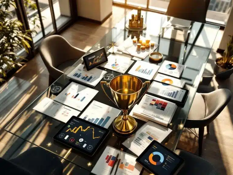 Goldene Trophäe auf modernem Konferenztisch mit Projektdokumenten, Erfolgscharts und digitalen Dashboards