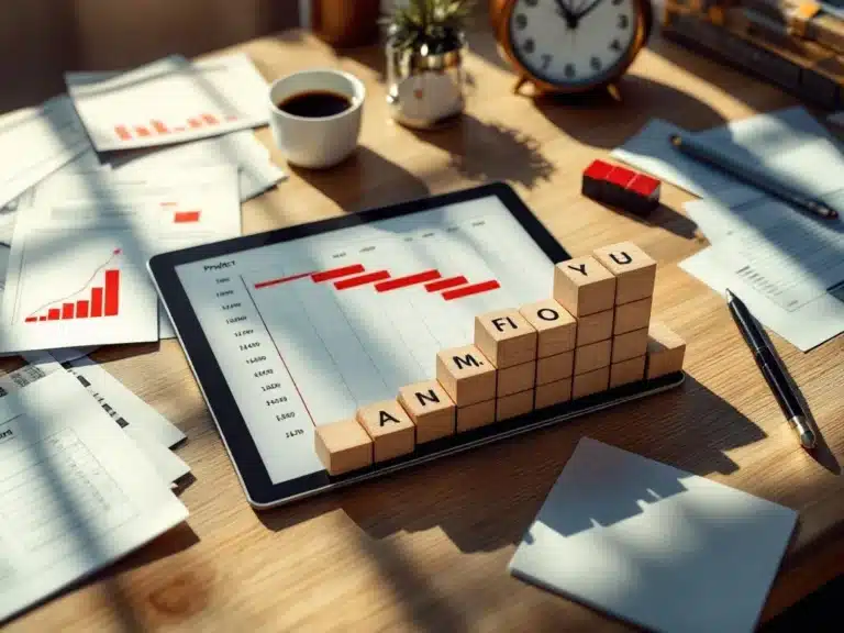 Büroschreibtisch mit Gantt-Diagramm auf Tablet zeigt rote Verzögerungswarnung, umgefallene Holzblöcke symbolisieren gestörte Projektzeitleiste