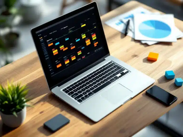 Laptop mit bunten Projekt-Zeitplänen auf modernem Holzschreibtisch mit Haftnotizen und Planungstools