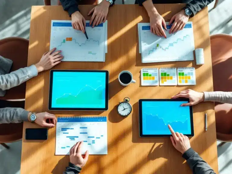 Moderner Konferenztisch mit bunten Kalendern, digitalen Tablets mit Projektzeitplänen und Terminplanungstools von oben