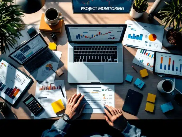 Moderner Büroschreibtisch von oben mit Laptop, Projektberichten, Tablet mit Analytics und Gantt-Diagrammen zur Projektüberwachung