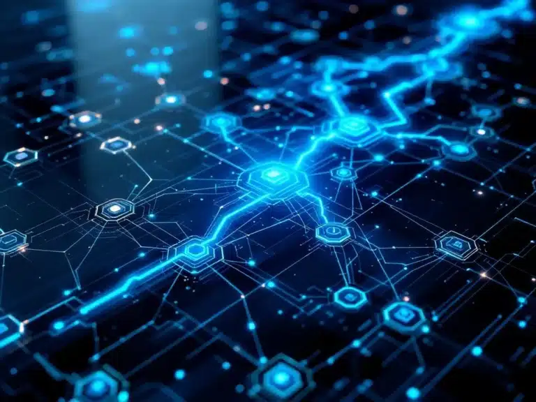 Netzwerkdiagramm mit leuchtend blauem kritischen Pfad durch Projektknoten auf digitaler Oberfläche