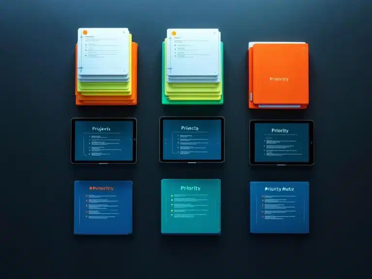 Moderner Schreibtisch mit farbigen Projektordnern in Prioritätsmatrix, Tablets mit Zeitplänen, Pfeile zeigen Workflow