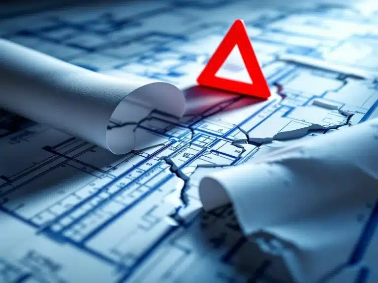 Bauprojekt-Blueprint wird über ursprüngliche Grenzen hinaus gedehnt, mit Maßband und rotem Warnsymbol für Projektausweitung