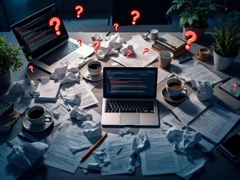 Chaotischer Arbeitsplatz mit verstreuten Dokumenten, Laptop mit Fehlermeldungen und umgestürzten Kaffeetassen auf Bürotisch