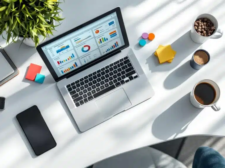Moderner Arbeitsplatz mit Laptop zeigt Projektmanagement-Dashboard, umgeben von Smartphone, Tablet und Kaffeetasse