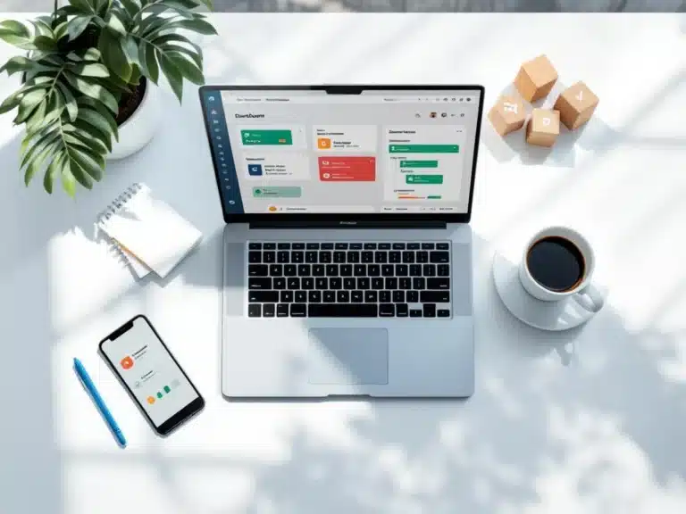 Laptop mit Projektmanagement-Dashboard zeigt Kanban-Boards und Gantt-Diagramme auf modernem Schreibtisch mit Produktivitätstools