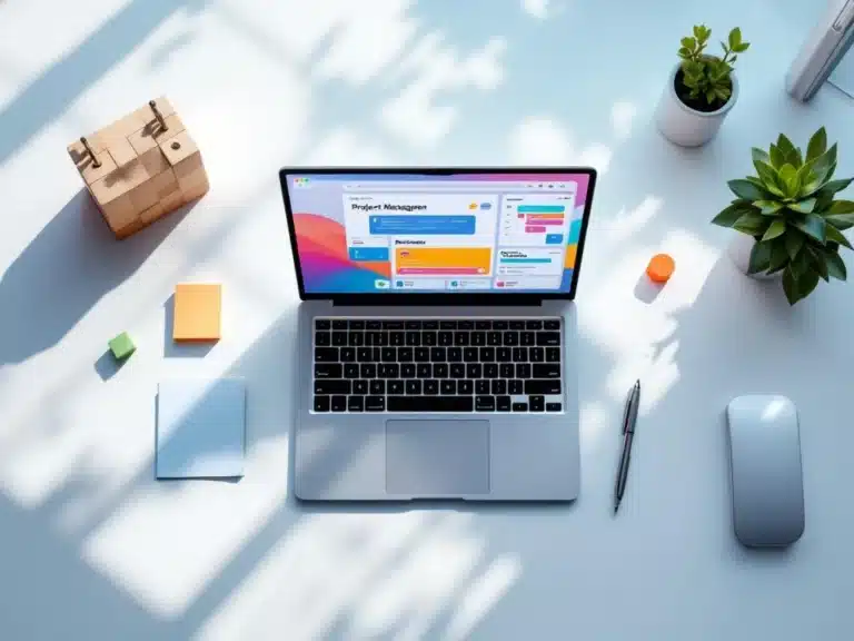 Laptop mit buntem Projektmanagement-Dashboard auf modernem Arbeitsplatz mit Kalender, Notizen und Pflanzen
