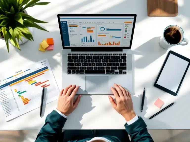 Moderner Büroarbeitsplatz mit Laptop mit Projektmanagement-Dashboard, Tablet, Gantt-Diagrammen und Planungstools von oben