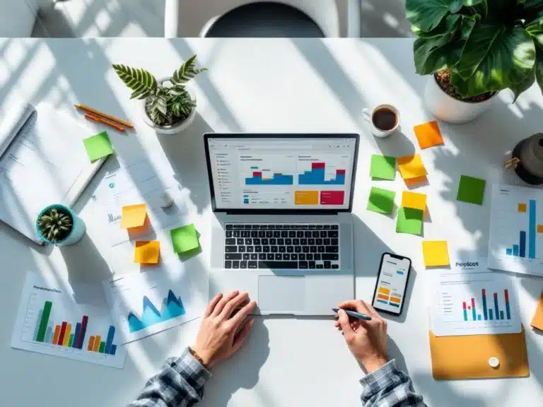 Moderner Büroarbeitsplatz von oben mit Laptop, Tablet und Smartphone zeigt Projektmanagement-Dashboards und Gantt-Diagramme