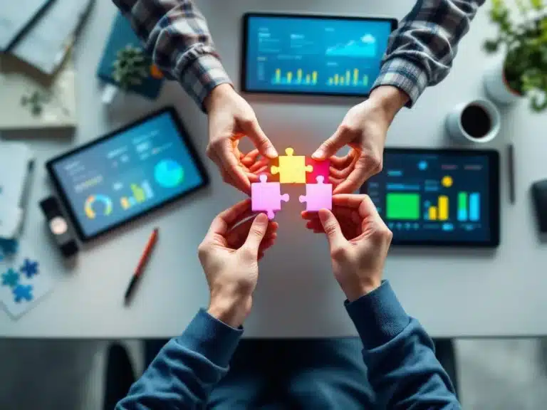 Hände verbinden geometrische Puzzleteile auf modernem Bürotisch mit Projektmanagement-Dashboards und digitalen Geräten