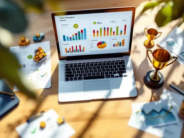 Moderner Büroarbeitsplatz mit Laptop zeigt Projektmanagement-Dashboard, goldene Trophäe und abgehakte Dokumente