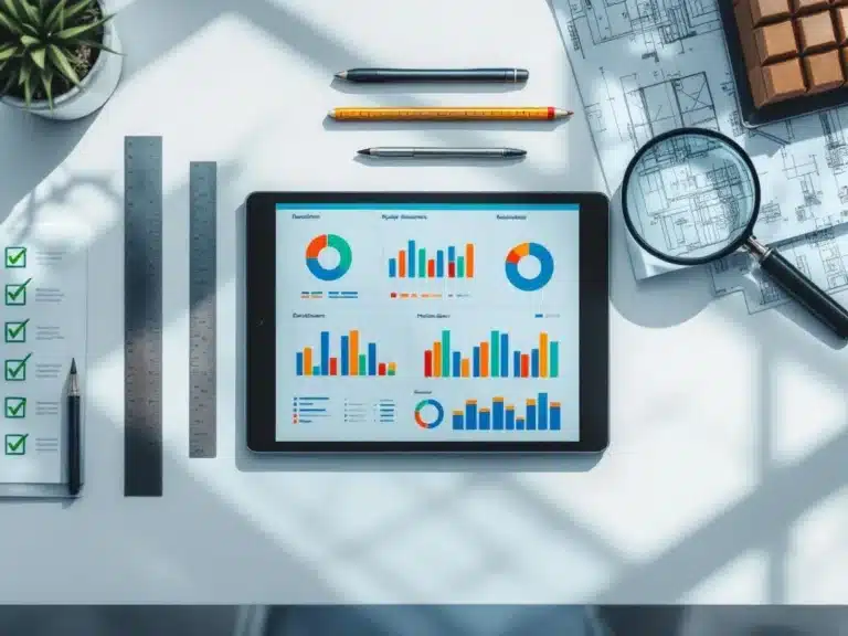 Digitales Tablet mit Projektmanagement-Dashboard umgeben von Qualitätssicherungstools auf modernem Schreibtisch