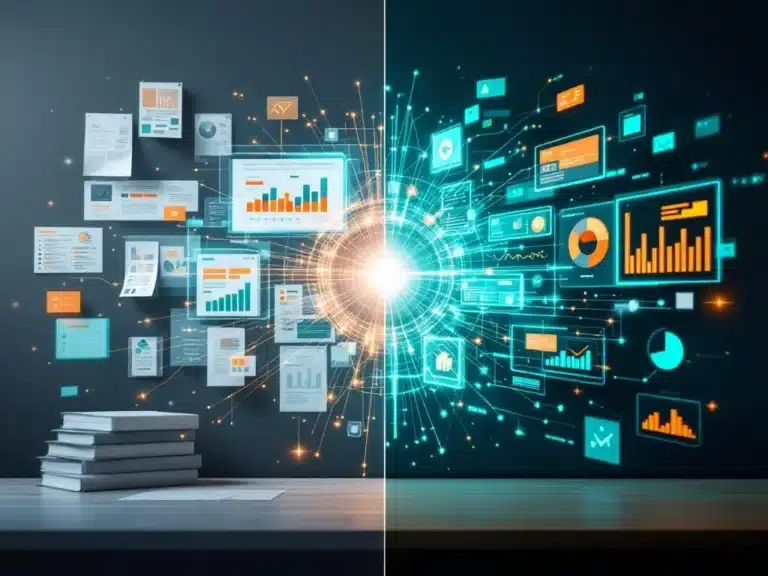 Geteilter Bildschirm zeigt traditionelles Projektmanagement links und digitale Hologramm-Dashboards rechts mit Verbindungslinien