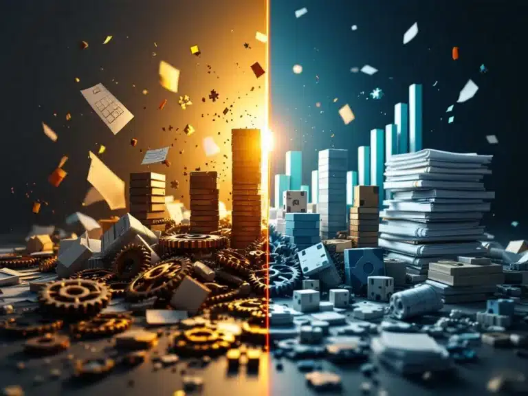 Projektmanagement-Vergleich: chaotische gescheiterte Dokumente links, organisierte erfolgreiche Baupläne rechts