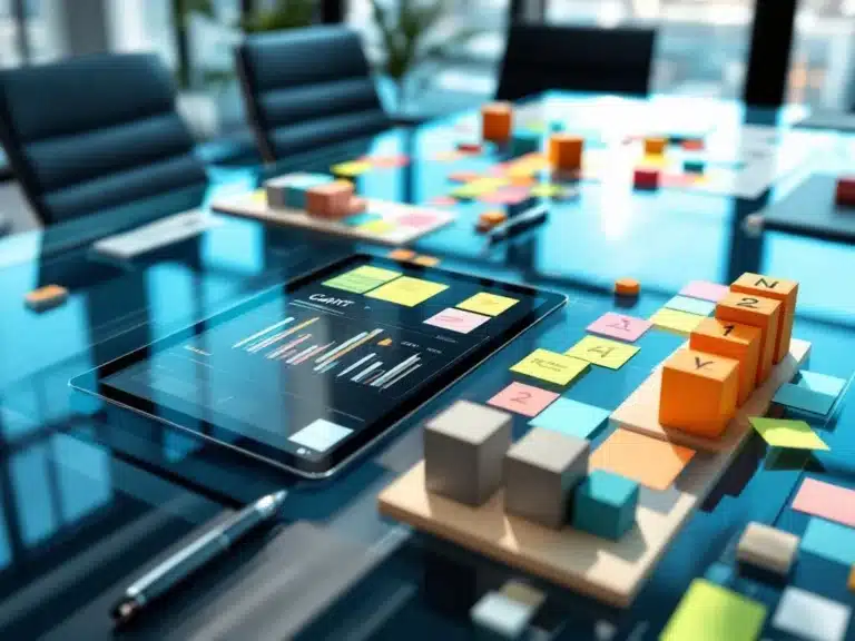 Moderner Konferenztisch mit Tablets, Gantt-Diagrammen, Notizen und Projektmanagement-Tools in professionellem Büro