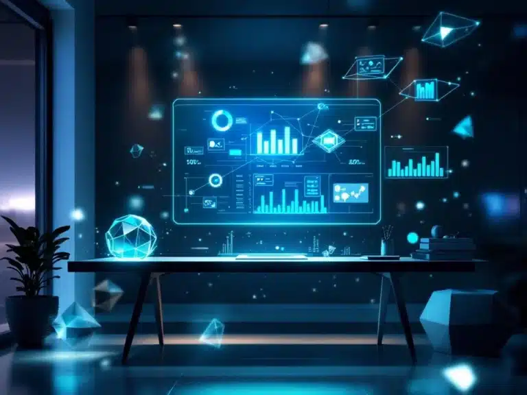 Moderner Arbeitsplatz mit holografischen Projektmanagement-Visualisierungen und 3D-Datendiagrammen in blau-grünen Tönen