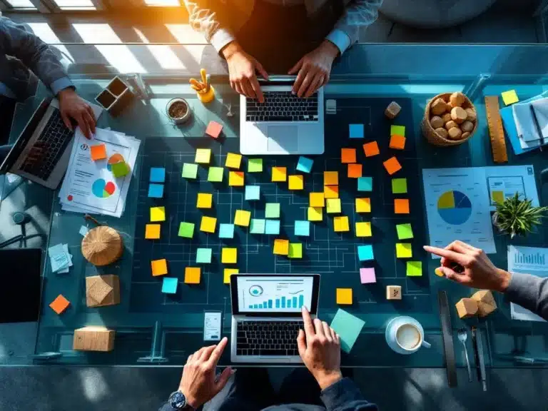 Luftaufnahme eines modernen Konferenztisches mit Projektmanagement-Tools, Laptops und organisierten Notizen in deutschem Büro