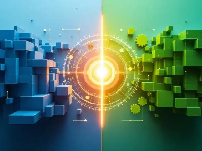 Split-Screen-Darstellung zeigt traditionelle Wasserfall-Methodik links und agile Sprint-Zyklen rechts, die in der Mitte verschmelzen