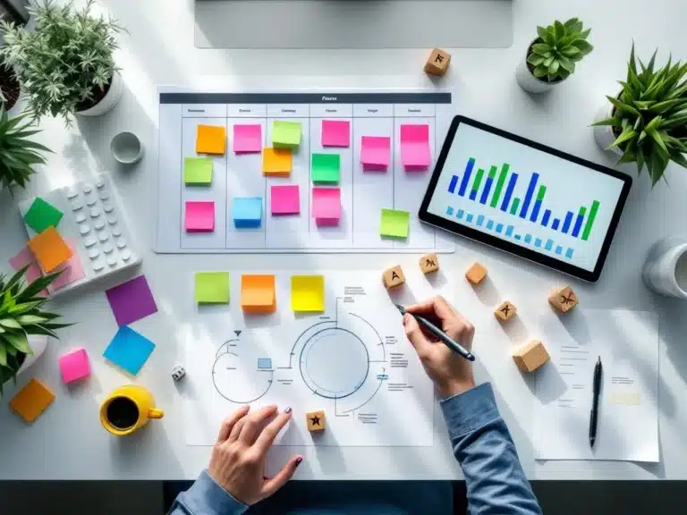 Moderner Schreibtisch mit Projektmanagement-Methoden: Kanban-Board, Gantt-Diagramm auf Tablet, Agile-Timeline und Wasserfall-Modell