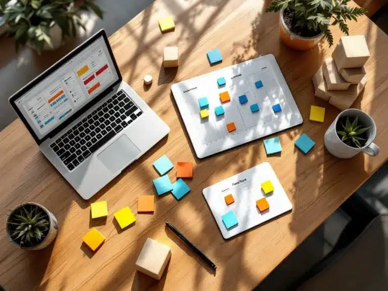Moderner Holzschreibtisch mit Laptop, Tablet und bunten Haftnotizen für Projektmanagement und Scrum-Planung