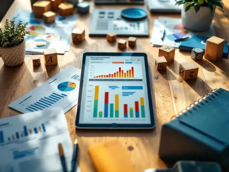 Moderner Holzschreibtisch mit Projektmanagement-Tools: Gantt-Charts auf Tablets, Ressourcendiagramme und Planungsdokumente