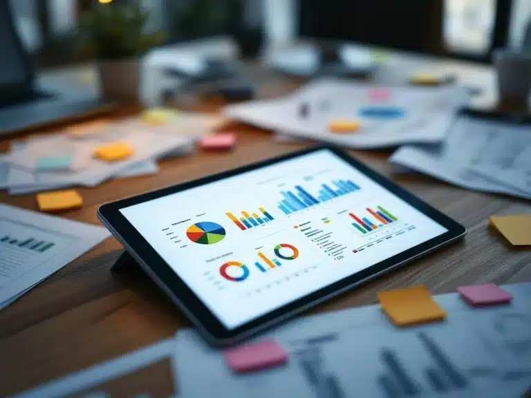 Tablet mit bunten Projektmanagement-Diagrammen auf modernem Büroschreibtisch mit Bauplänen und Notizen