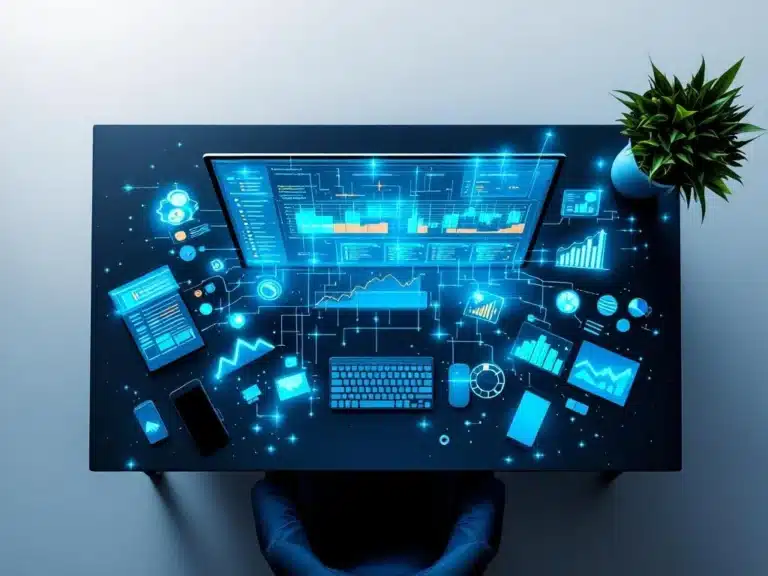 Moderner Arbeitsplatz mit mehreren Geräten zeigt vernetzte Projektmanagement-Software mit leuchtenden Datenvisualisierungen