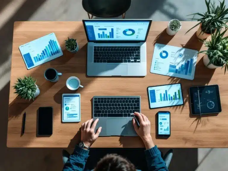 Holzschreibtisch von oben mit Laptop, Tablet und Smartphone, die Projektmanagement-Dashboards mit Gantt-Diagrammen zeigen