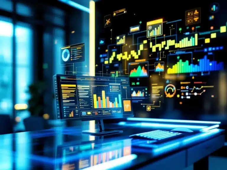 Futuristischer Arbeitsplatz mit holografischen Projektmanagement-Dashboards, Gantt-Diagrammen und Datenvisualisierungen